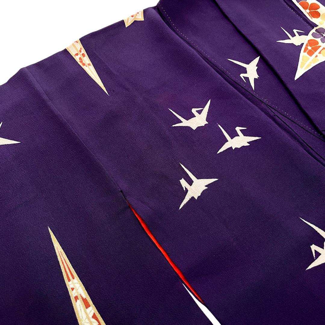 訪問着 一つ紋 正絹 ちりめん 金彩 折り鶴 紫 アンティーク着物 A-2722