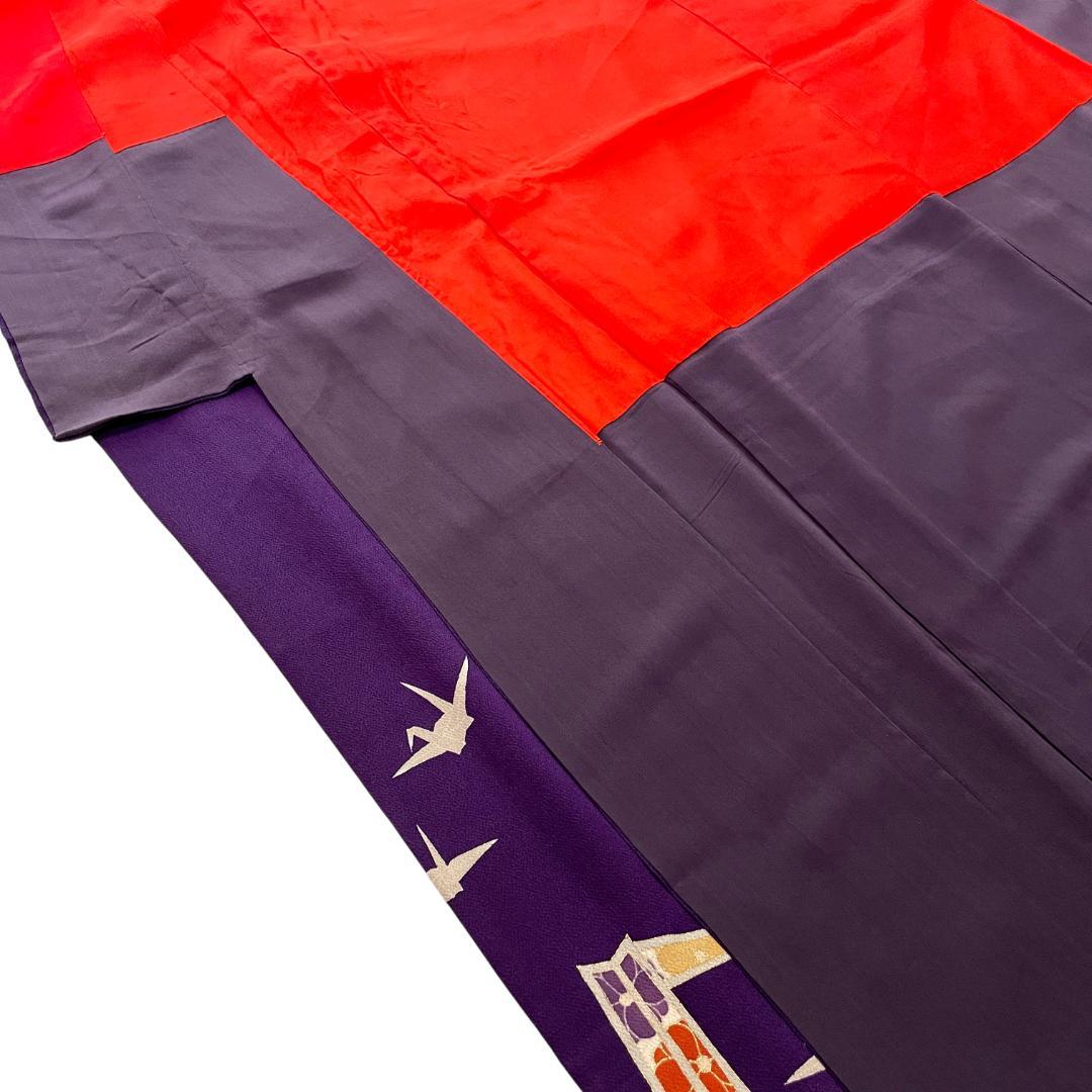 訪問着 一つ紋 正絹 ちりめん 金彩 折り鶴 紫 アンティーク着物 A-2722