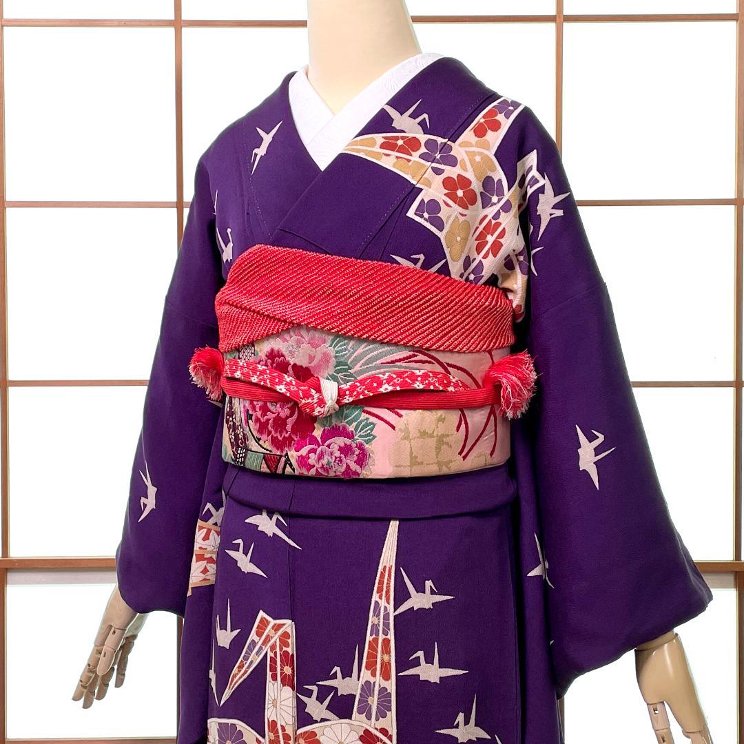 訪問着 一つ紋 正絹 ちりめん 金彩 折り鶴 紫 アンティーク着物 A-2722