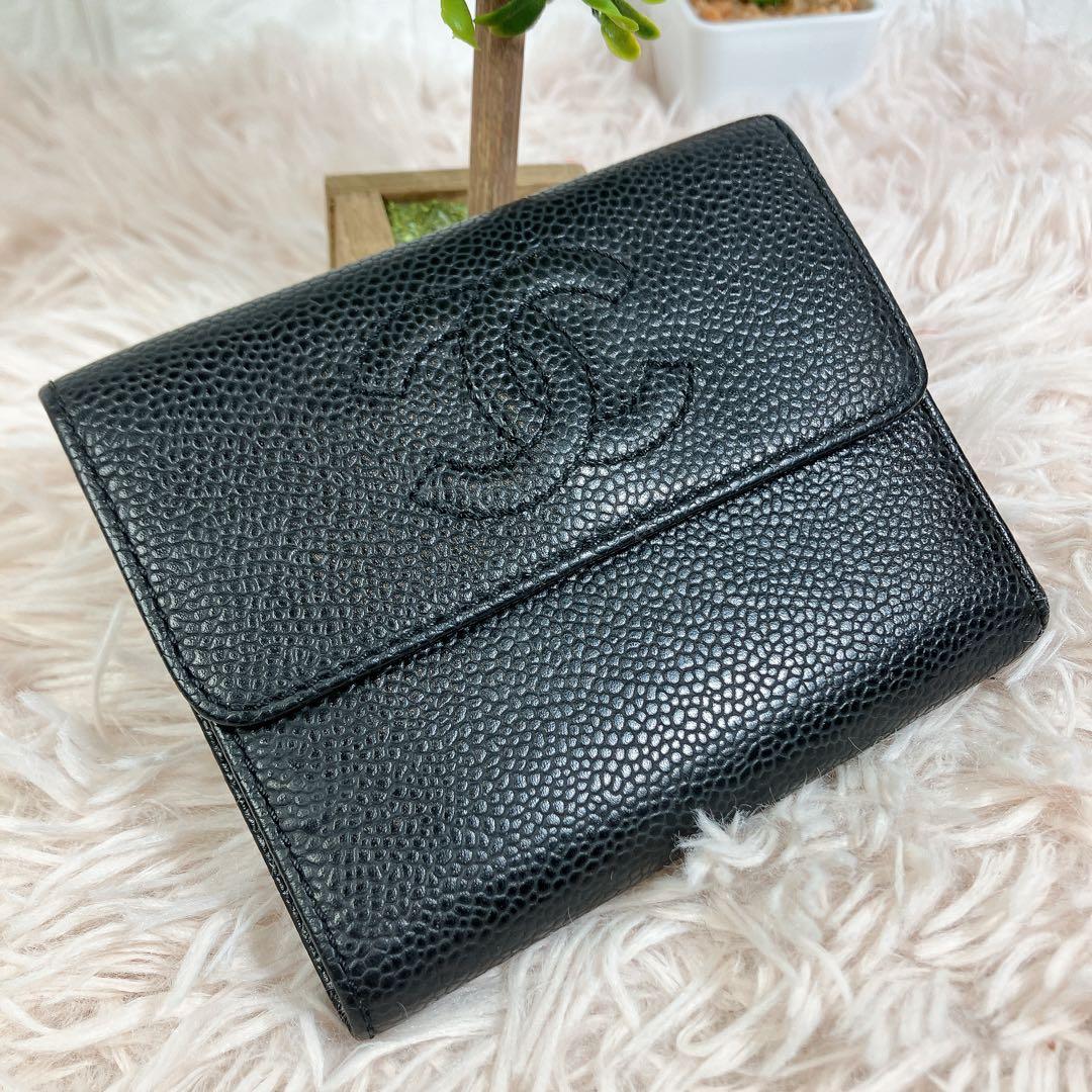 ！美品！ CHANEL キャビアスキン ココ マトラッセ 3つ折り 財布