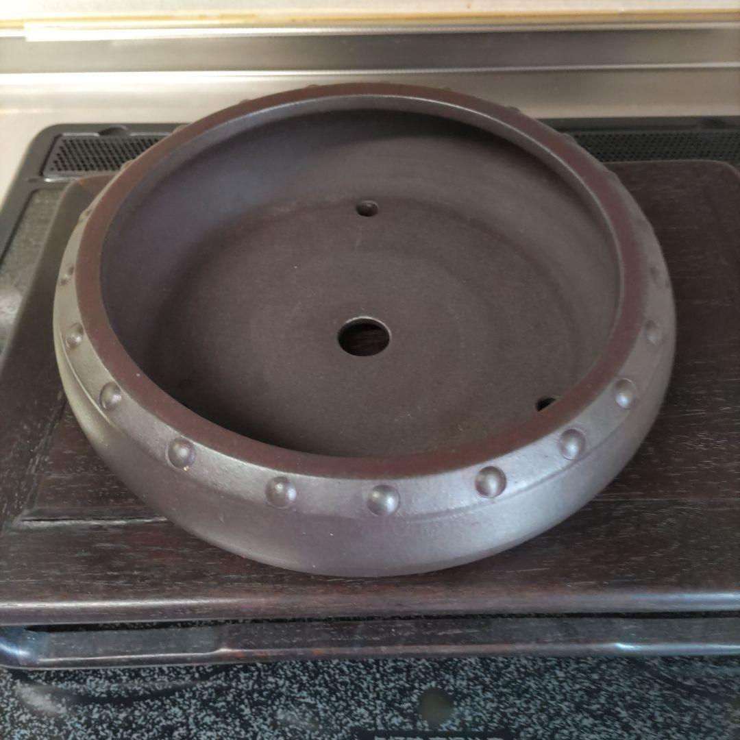 盆栽鉢、植木鉢、 時代鉢、 山秋 落款 、紫泥 、太鼓胴丸鉢、杭打ち鉢