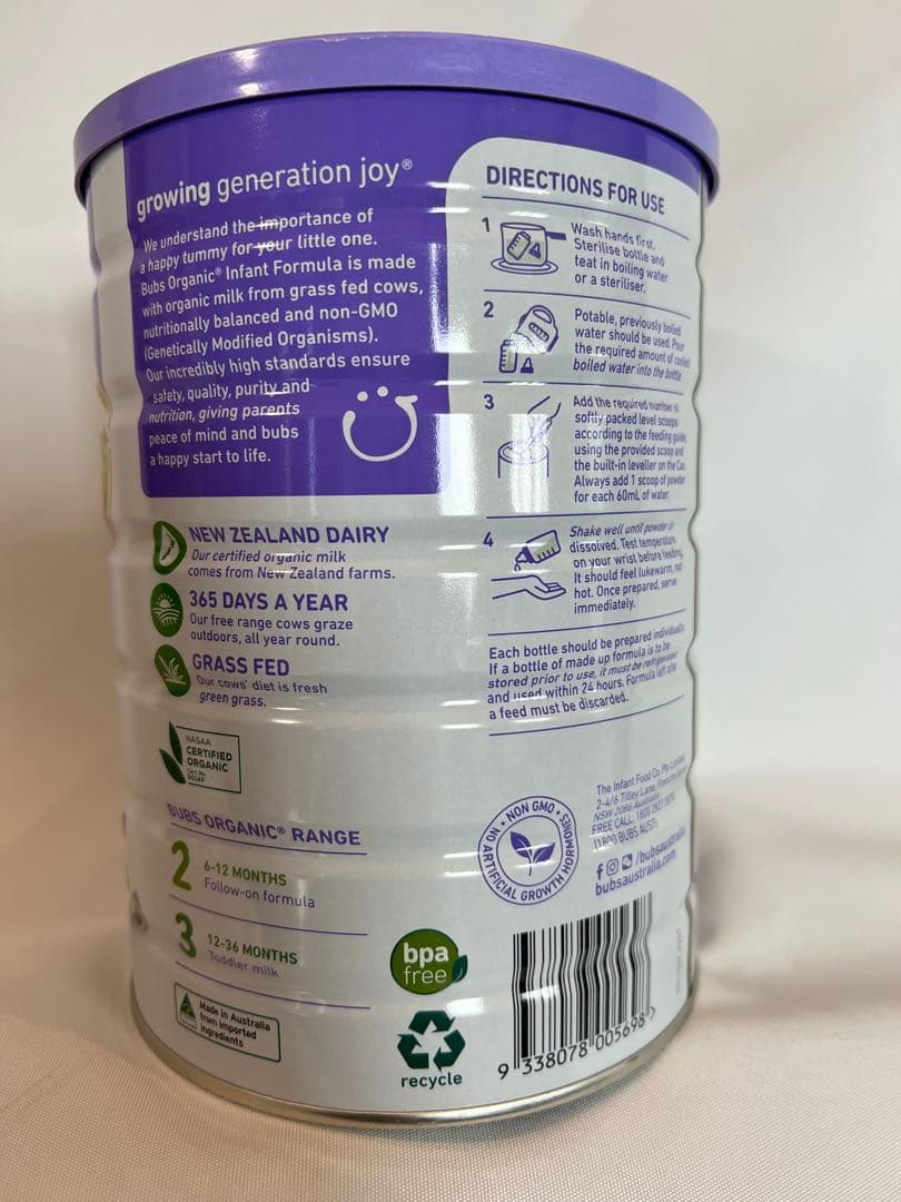 【新品3缶】bubs 有機グラスフェッド粉ミルク 800g