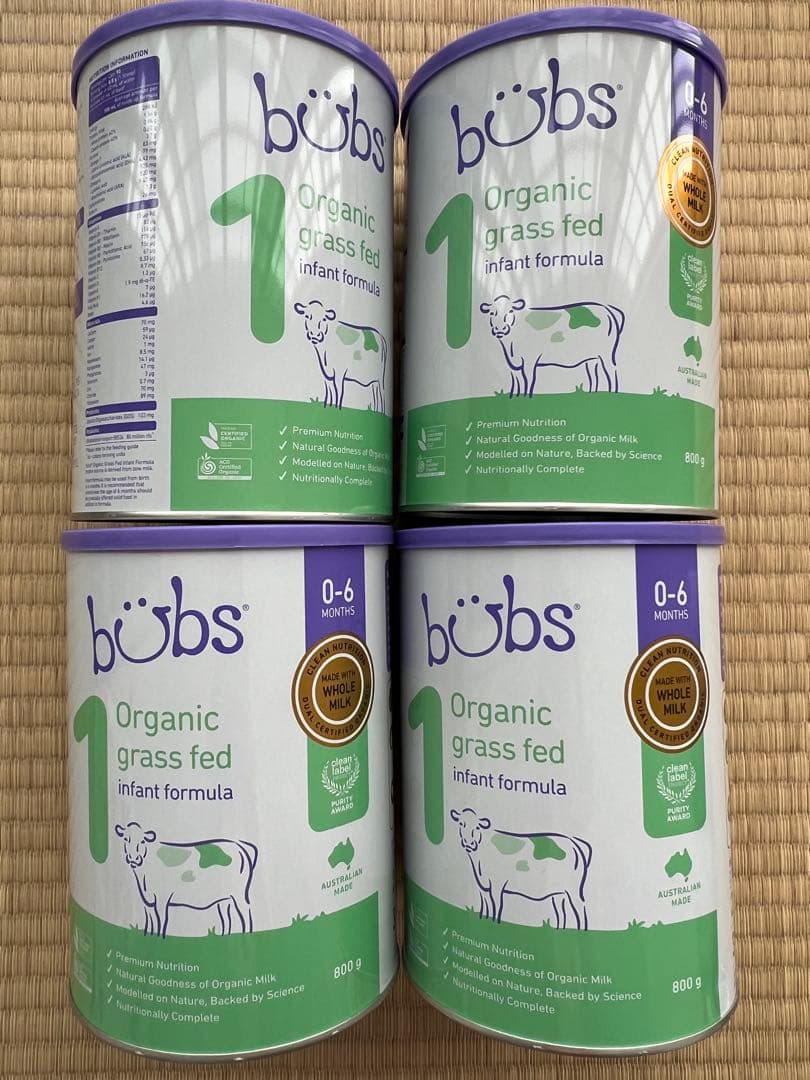 bubs オーガニック粉ミルク 0-6ヶ月用、800g缶が4つセット