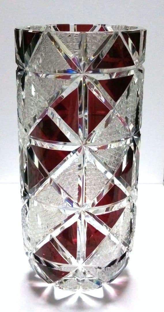 【 美品 】切子 菊繋ぎ クリスタル花瓶 銅赤