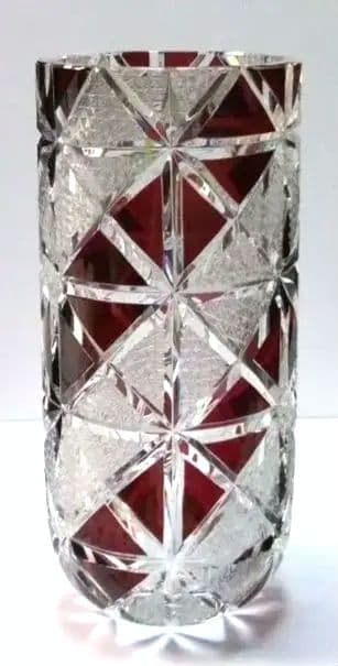 【 美品 】切子 菊繋ぎ クリスタル花瓶 銅赤