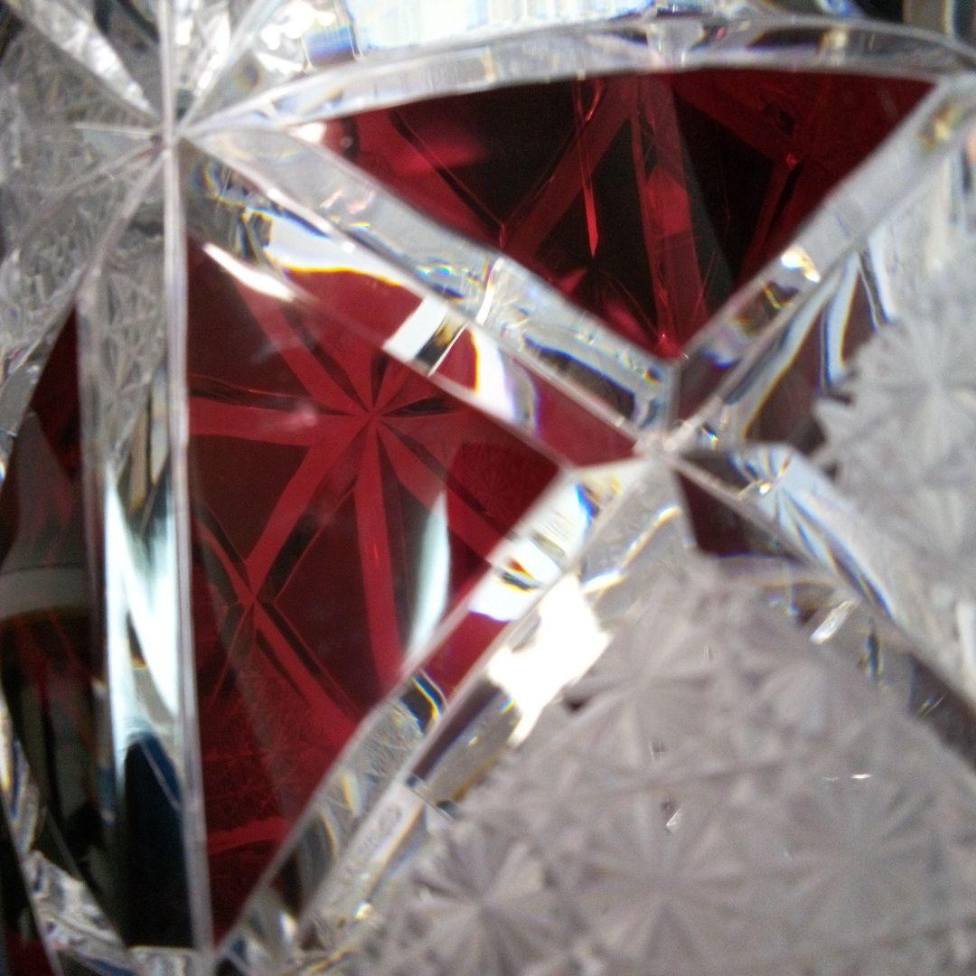 【 美品 】切子 菊繋ぎ クリスタル花瓶 銅赤