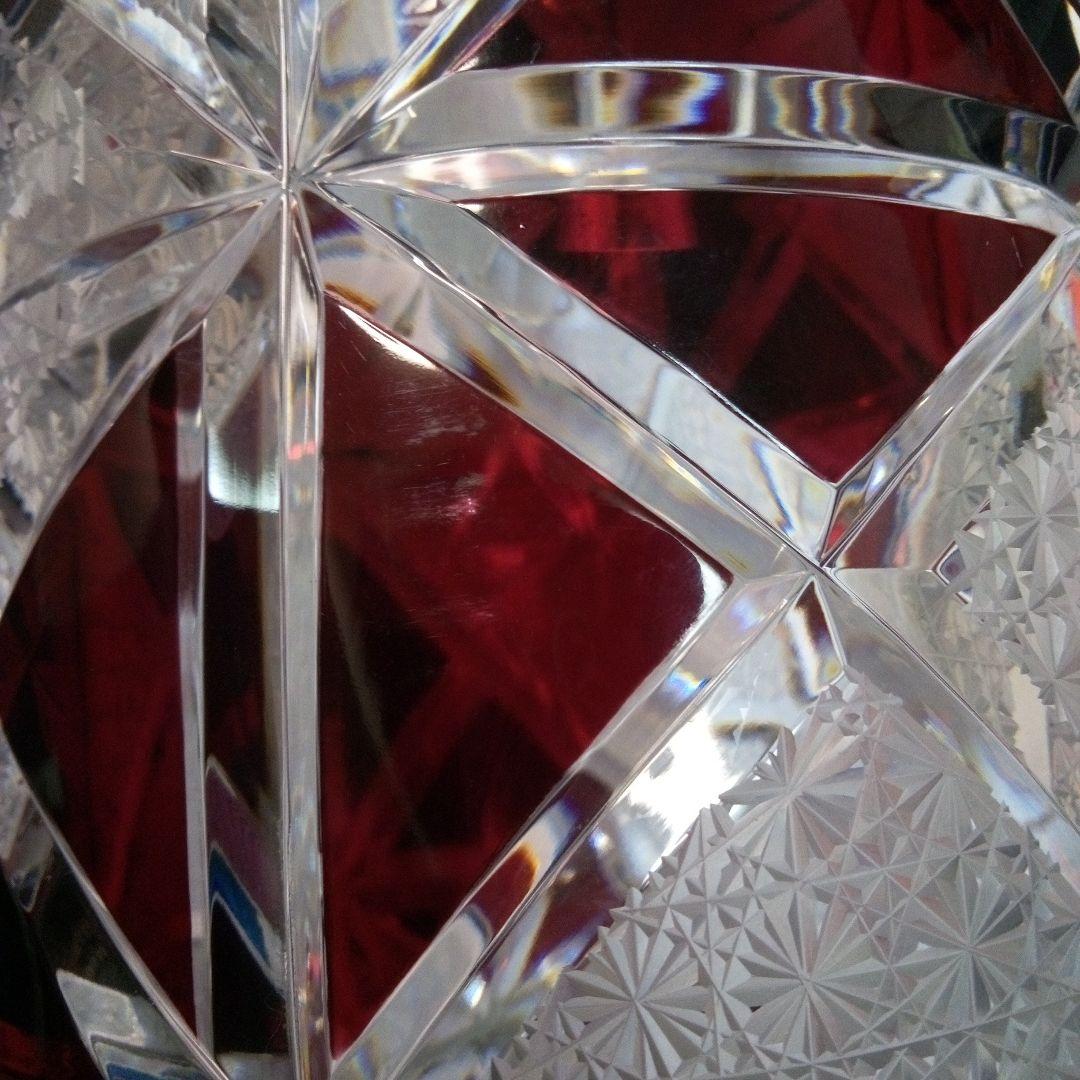 【 美品 】切子 菊繋ぎ クリスタル花瓶 銅赤