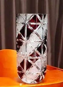 【 美品 】切子 菊繋ぎ クリスタル花瓶 銅赤