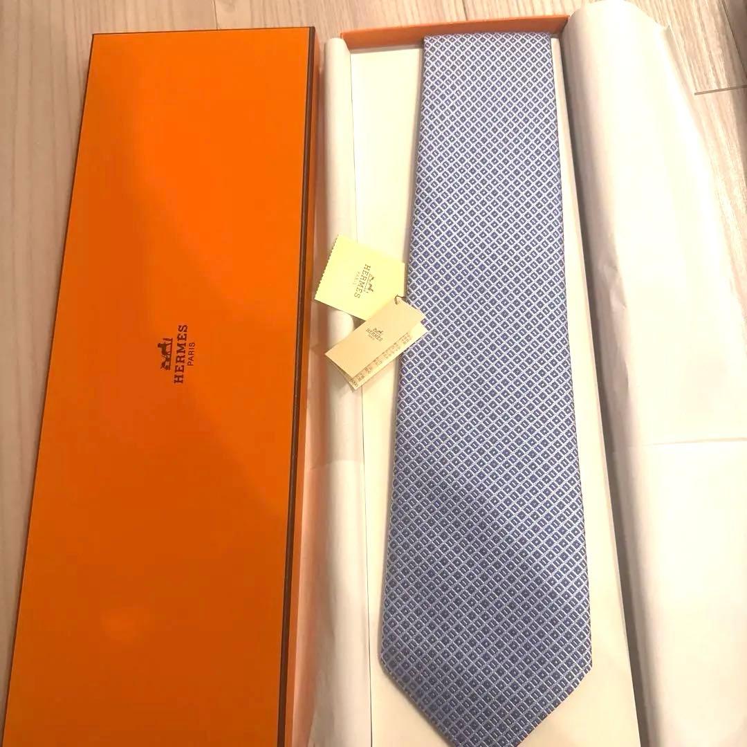 HERMES 幾何学模様 ネクタイ　ブルー　新品