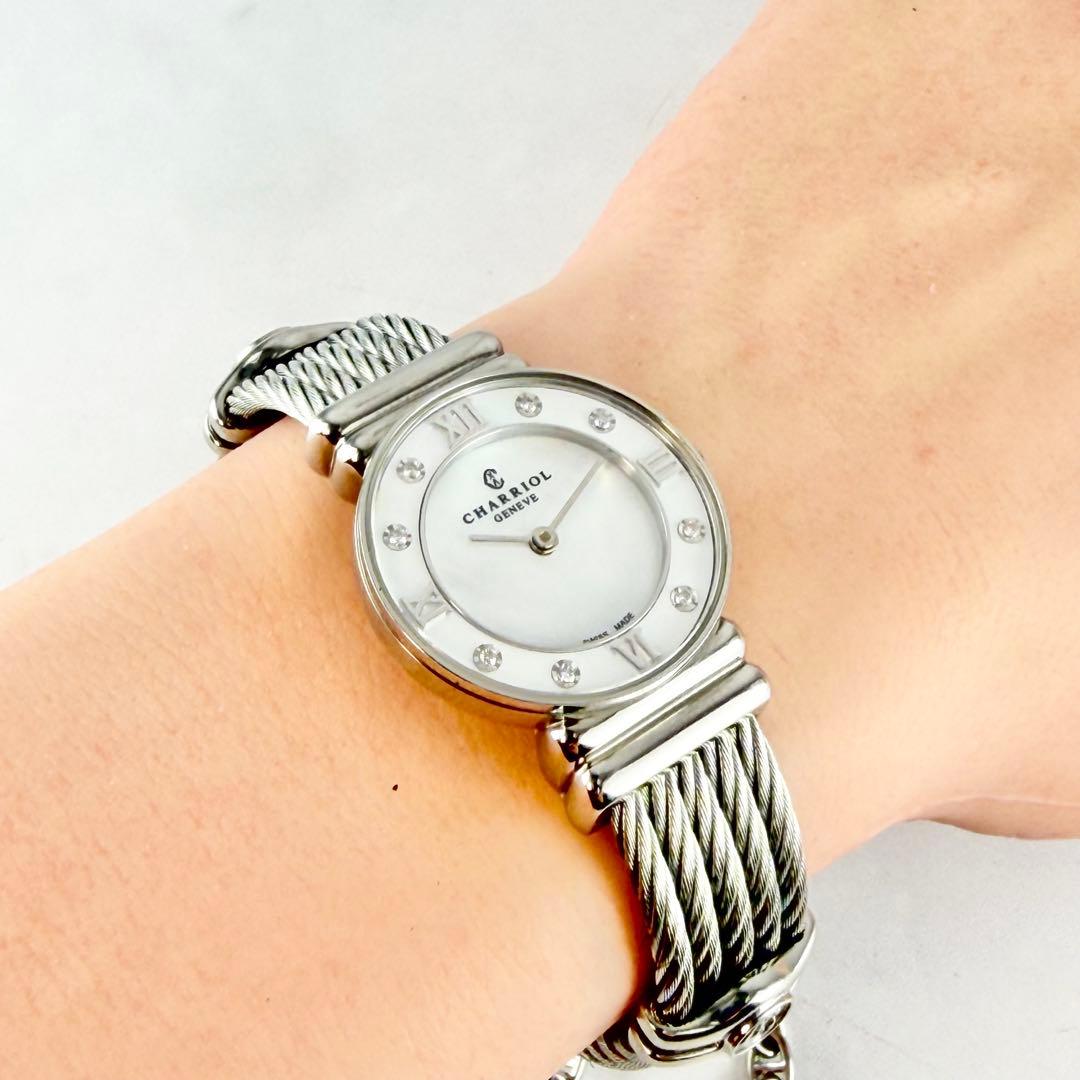 【新品電池】 美品 シャリオール サントロペ 8Pダイヤ ピンクシェル文字盤