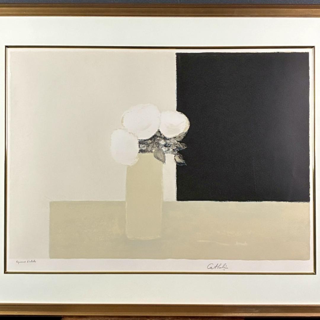 美品 ベルナール・カトラン「白い薔薇の小さな花束」リトグラフ 大作 サイン入