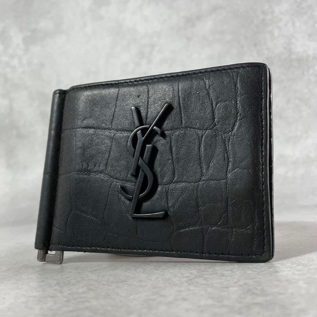 【美品】サンローラン マネークリップ 財布 クロコダイルエンボスレザー YSL