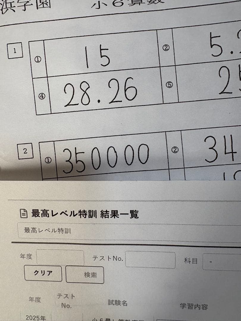 浜学園最新版小6算数 最難関レベル特訓完全版　中身綺麗　完全版テスト平均点付き