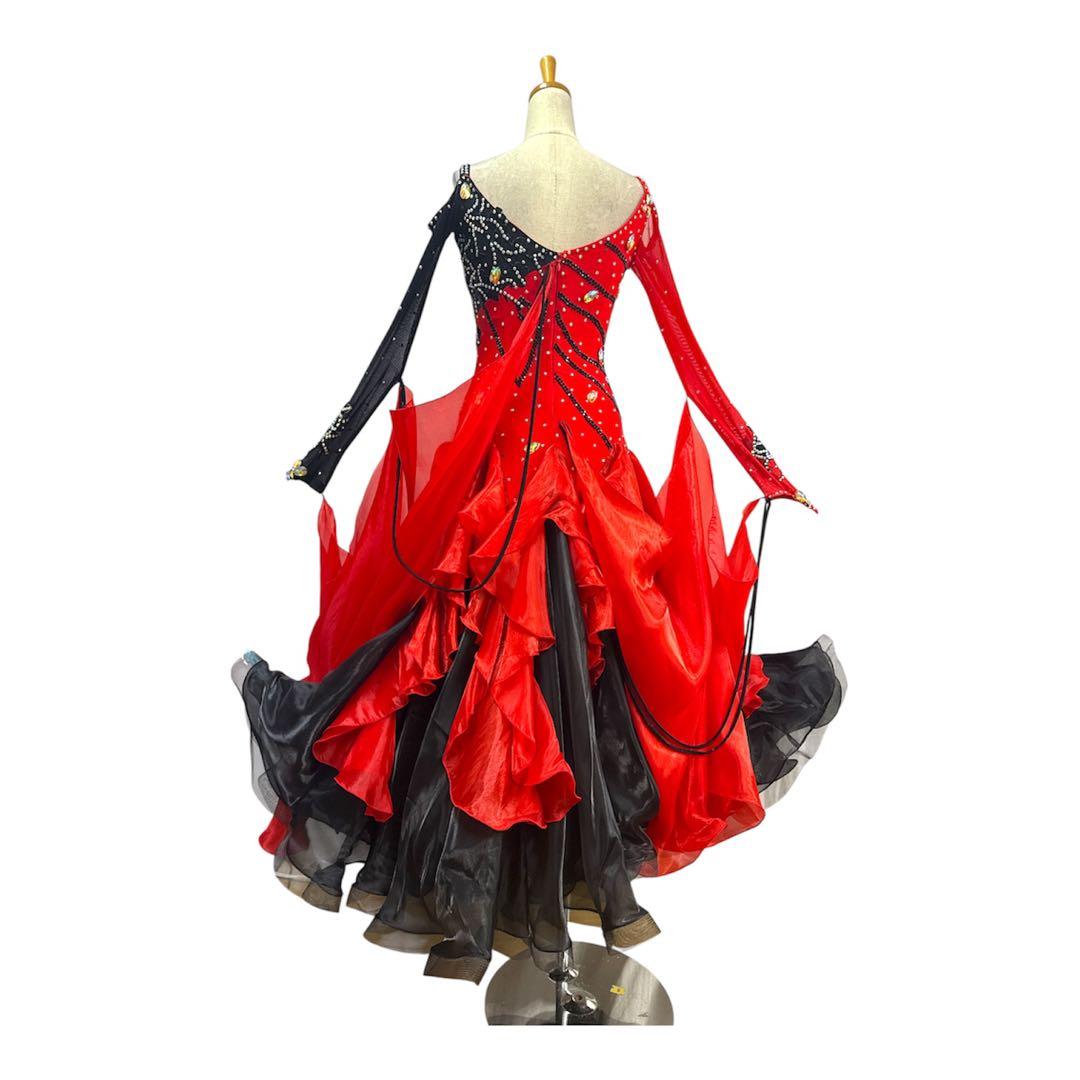 6344★M 赤 黒 多層フリル スタンダードドレス 社交ダンス