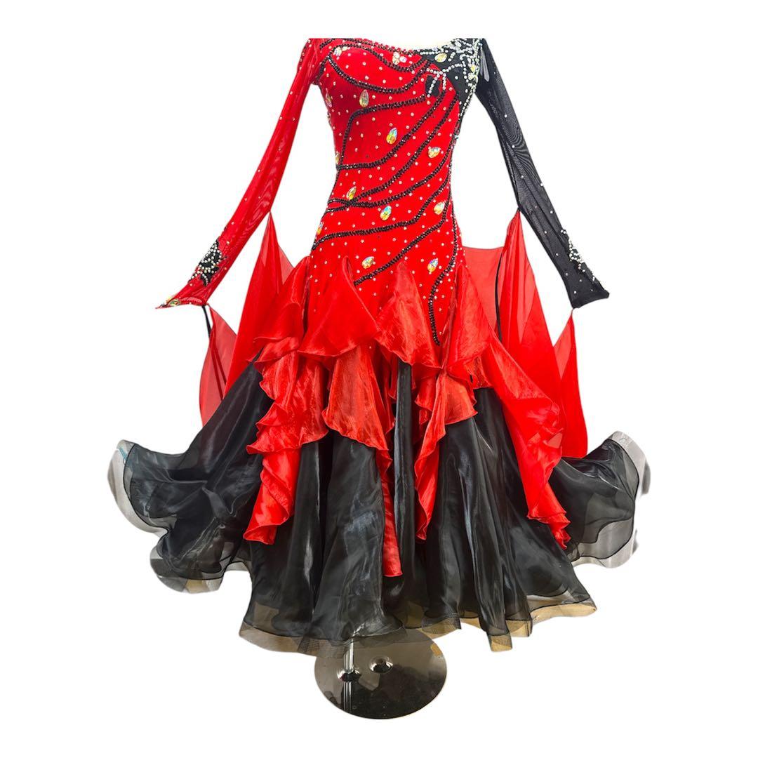 6344★M 赤 黒 多層フリル スタンダードドレス 社交ダンス