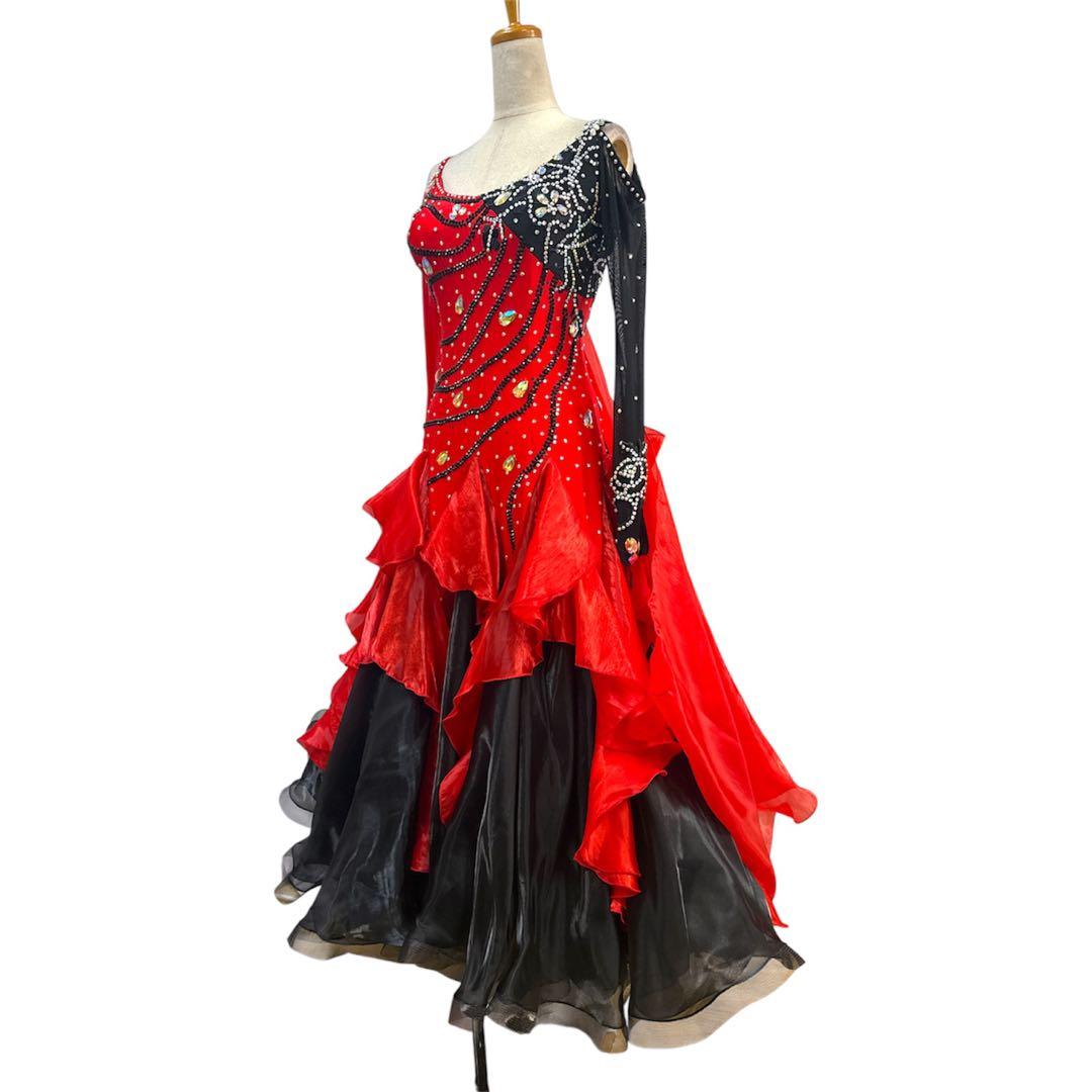6344★M 赤 黒 多層フリル スタンダードドレス 社交ダンス