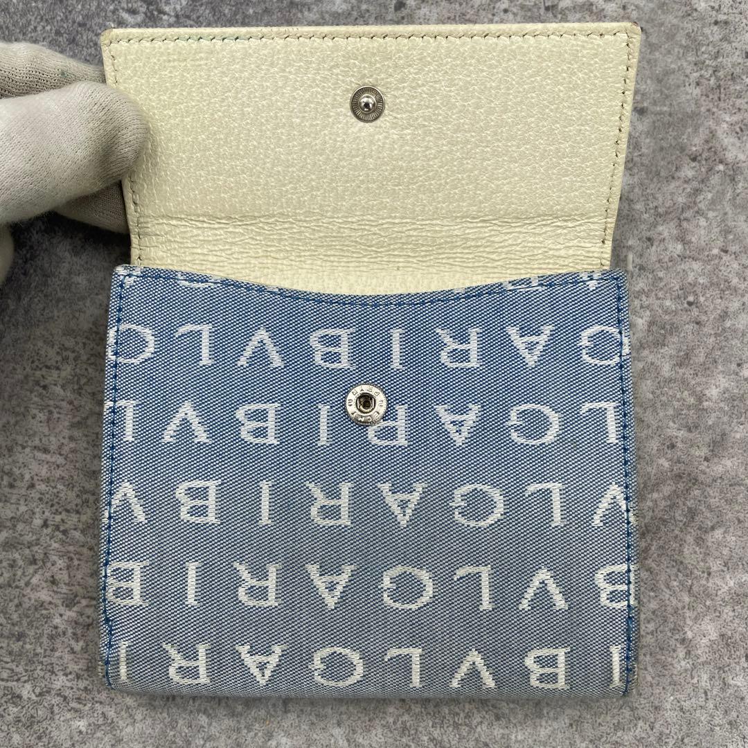 【微美品】BVLGARI ブルガリ 折り財布 総柄 ブルー レザー キャンバス