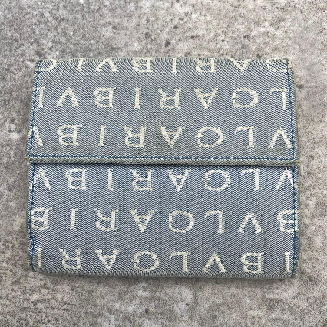 【微美品】BVLGARI ブルガリ 折り財布 総柄 ブルー レザー キャンバス