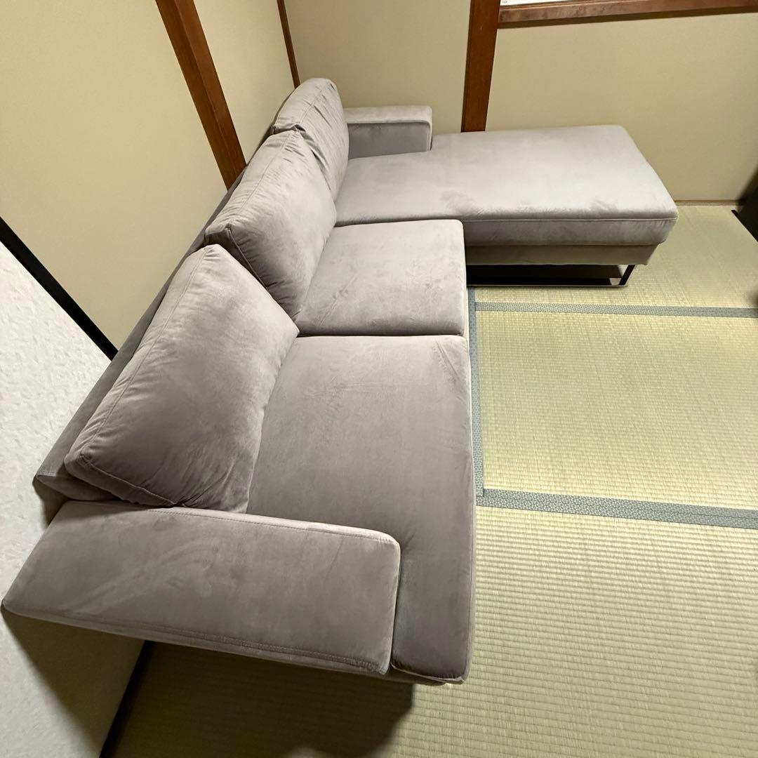 新品同様 LOWYA ロウヤ カウチソファセット 3人掛け ベルベット調 グレー