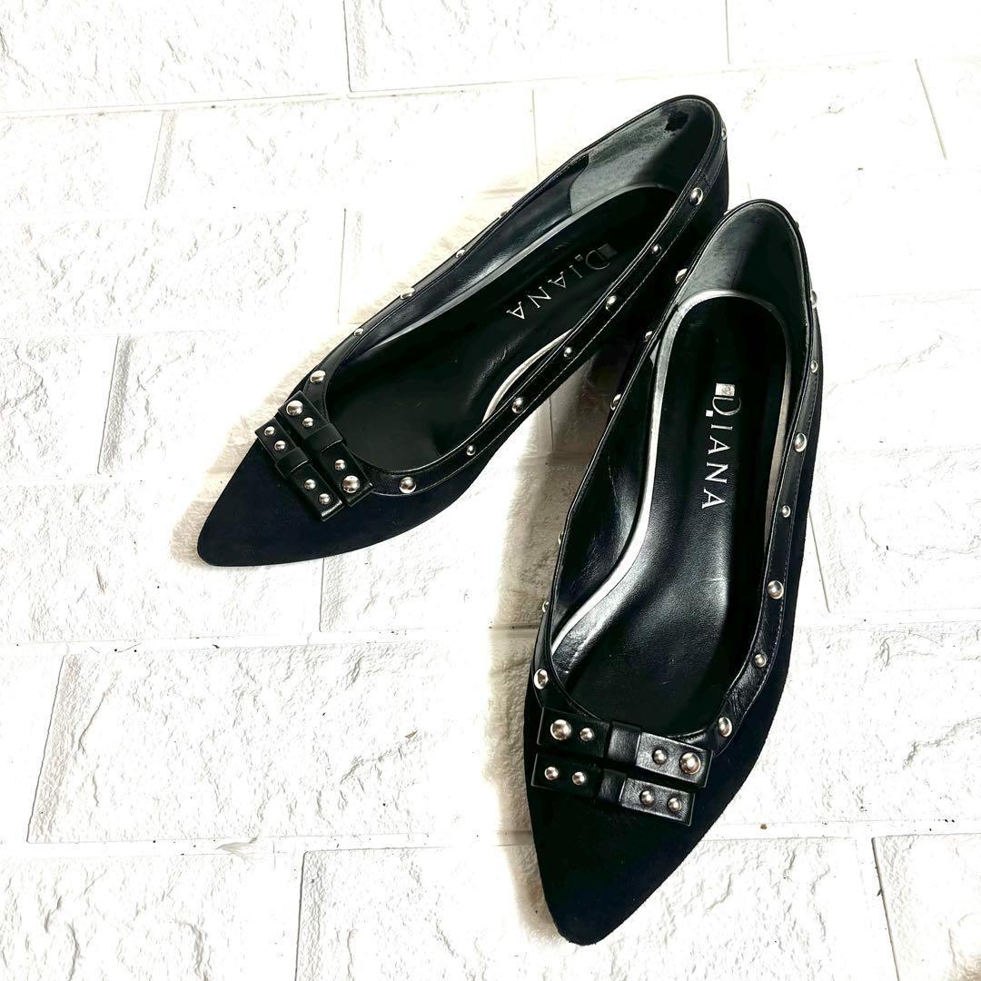 【美品】フラットパンプス　スタッズ　リボン　スエード