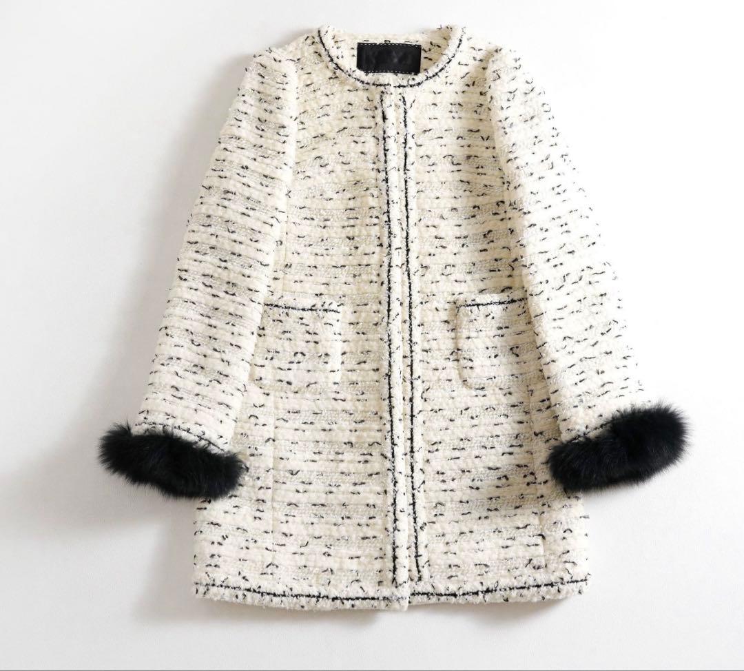 トゥービーシック TO BE CHIC ツイードノーカラーフォックスファーコート