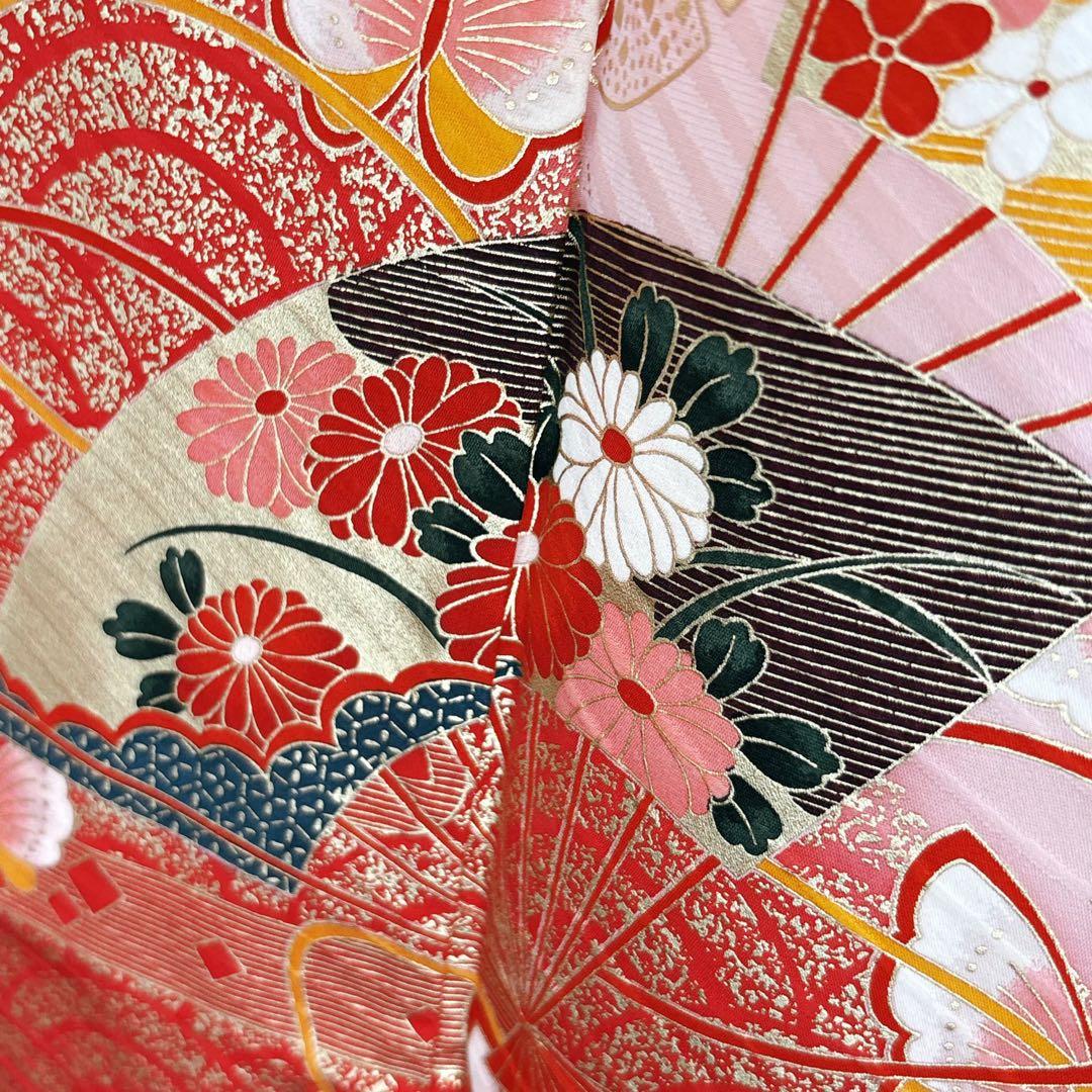 フルセット　七五三７歳女の子ピンク地　桜扇蝶　オレンジ袋帯　絹長襦袢7123