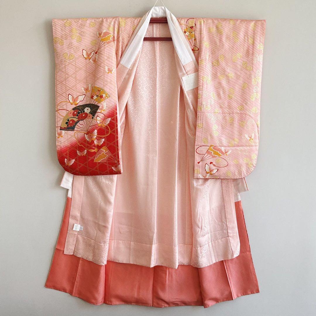 フルセット　七五三７歳女の子ピンク地　桜扇蝶　オレンジ袋帯　絹長襦袢7123