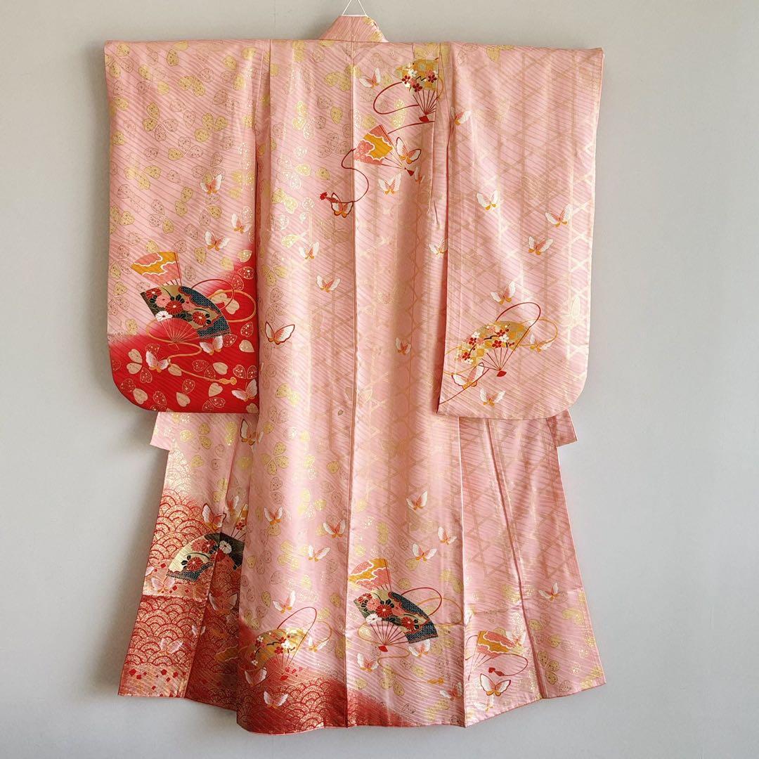 フルセット　七五三７歳女の子ピンク地　桜扇蝶　オレンジ袋帯　絹長襦袢7123