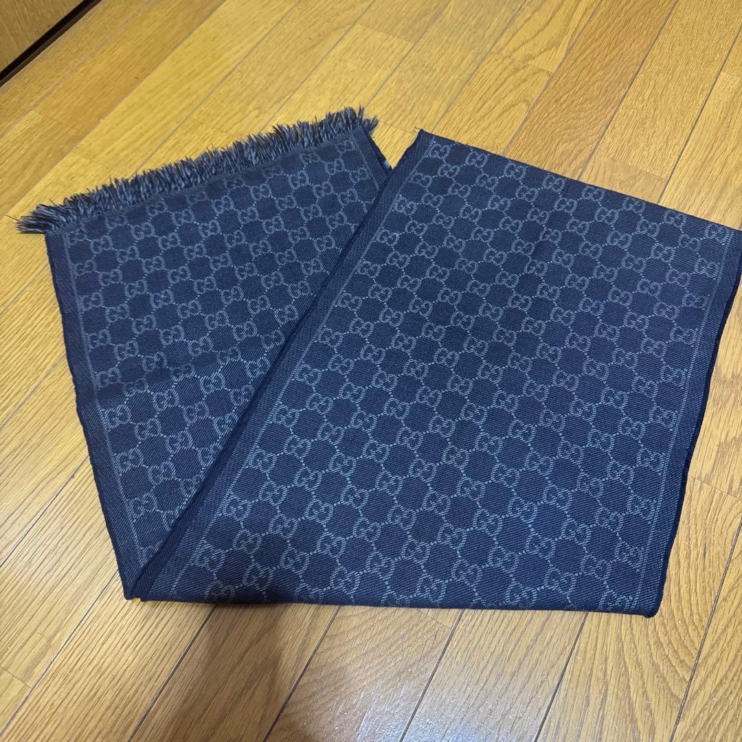 GGパターン ネイビー マフラー フリンジ付き