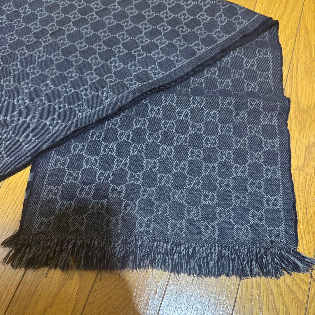 GGパターン ネイビー マフラー フリンジ付き