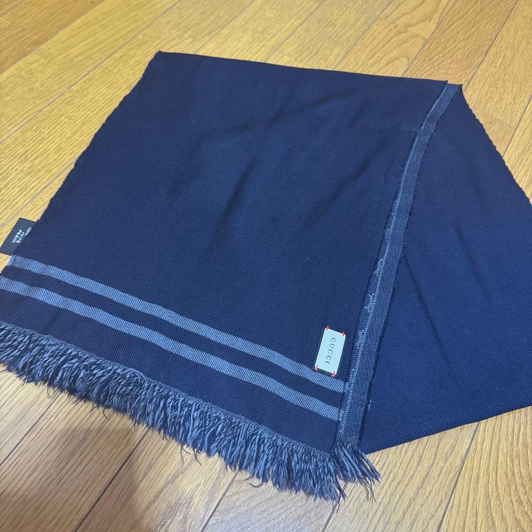 GGパターン ネイビー マフラー フリンジ付き