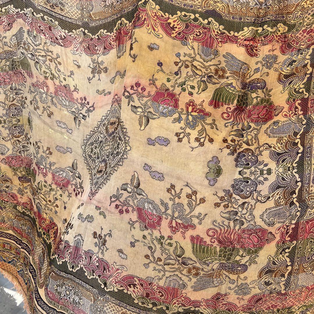 アンティーク　ベッドカバー　フランス蚤の市購入　フリンジつき大判ファブリック