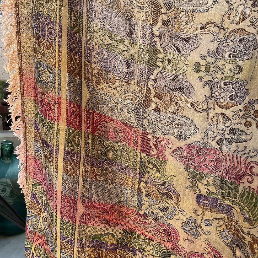 アンティーク　ベッドカバー　フランス蚤の市購入　フリンジつき大判ファブリック