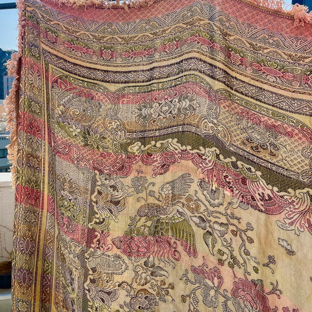 アンティーク　ベッドカバー　フランス蚤の市購入　フリンジつき大判ファブリック