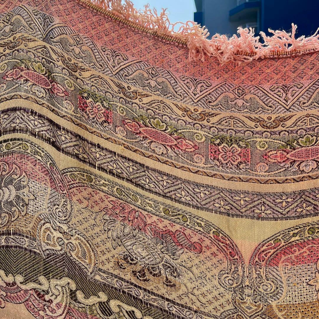 アンティーク　ベッドカバー　フランス蚤の市購入　フリンジつき大判ファブリック