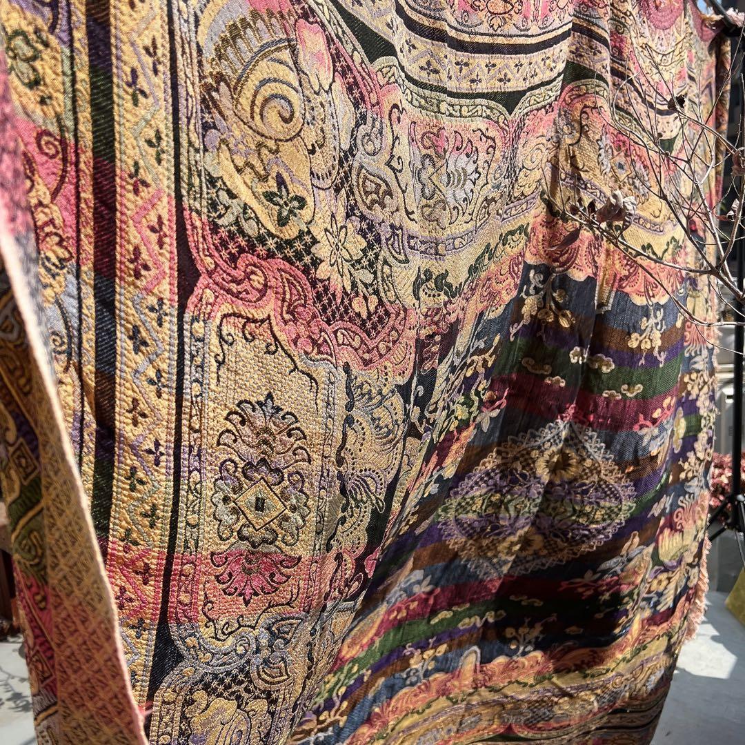 アンティーク　ベッドカバー　フランス蚤の市購入　フリンジつき大判ファブリック