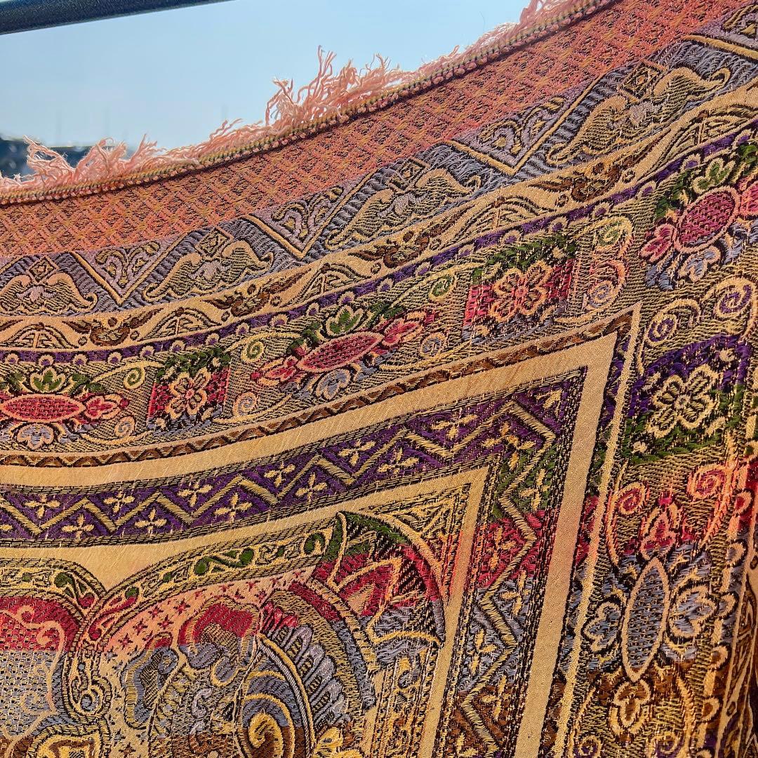 アンティーク　ベッドカバー　フランス蚤の市購入　フリンジつき大判ファブリック