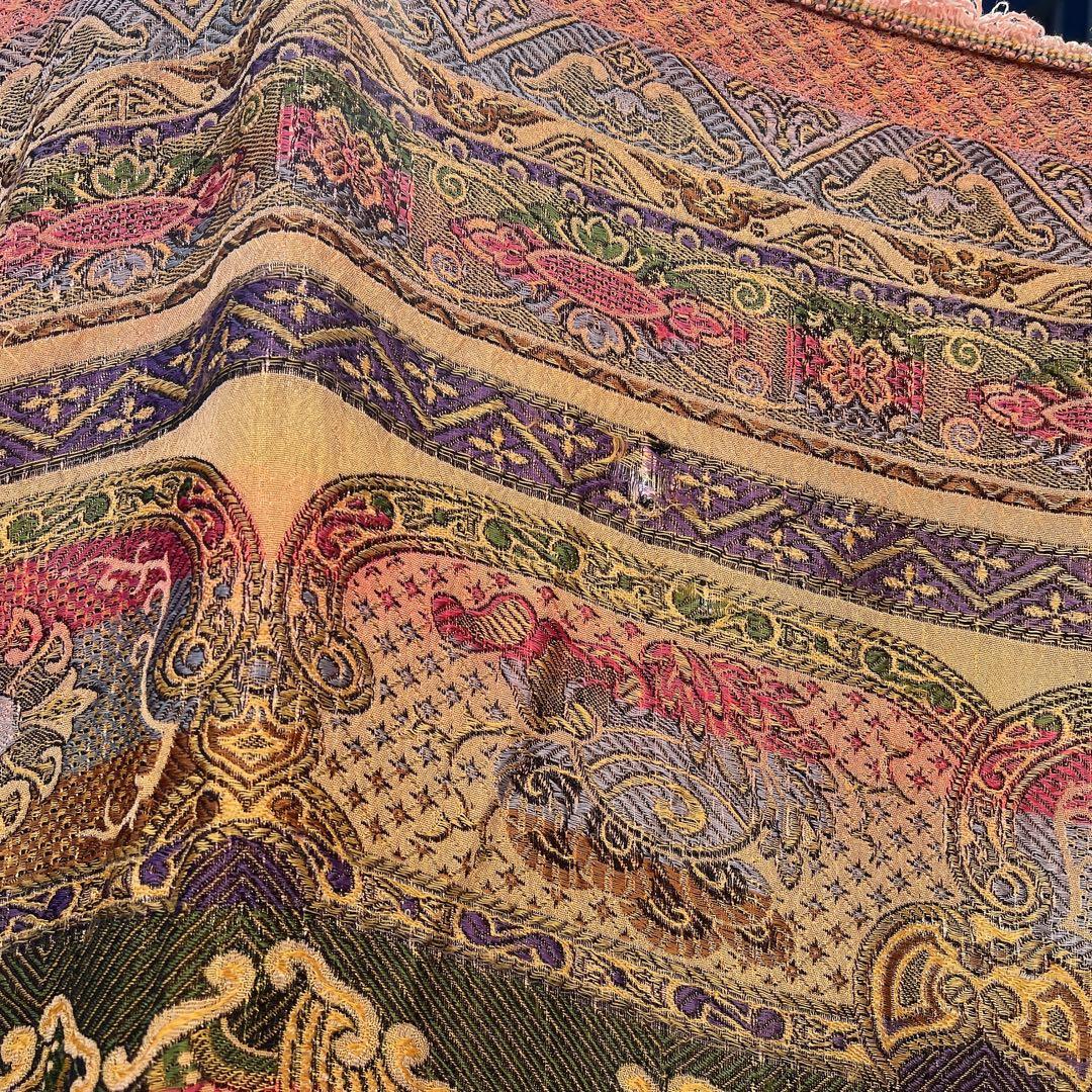 アンティーク　ベッドカバー　フランス蚤の市購入　フリンジつき大判ファブリック