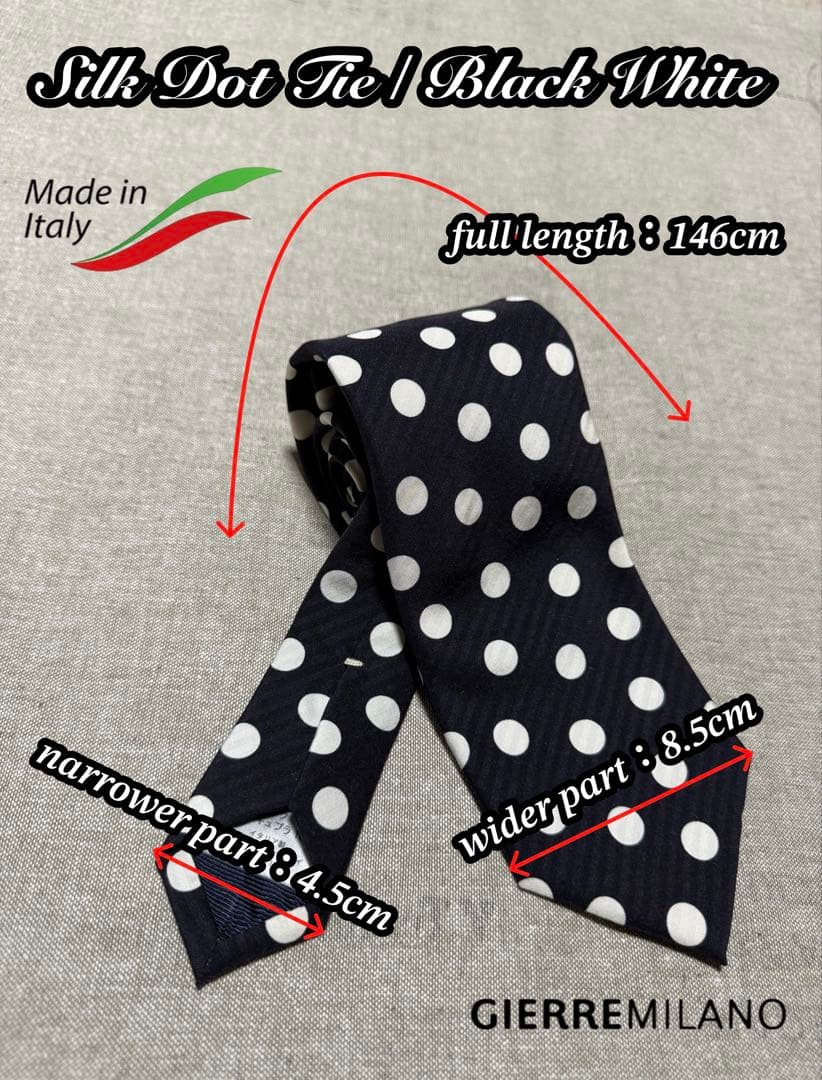【美品】GIERRE MILANO／ジエレ／シルクドットタイ／ブラック／ホワイト
