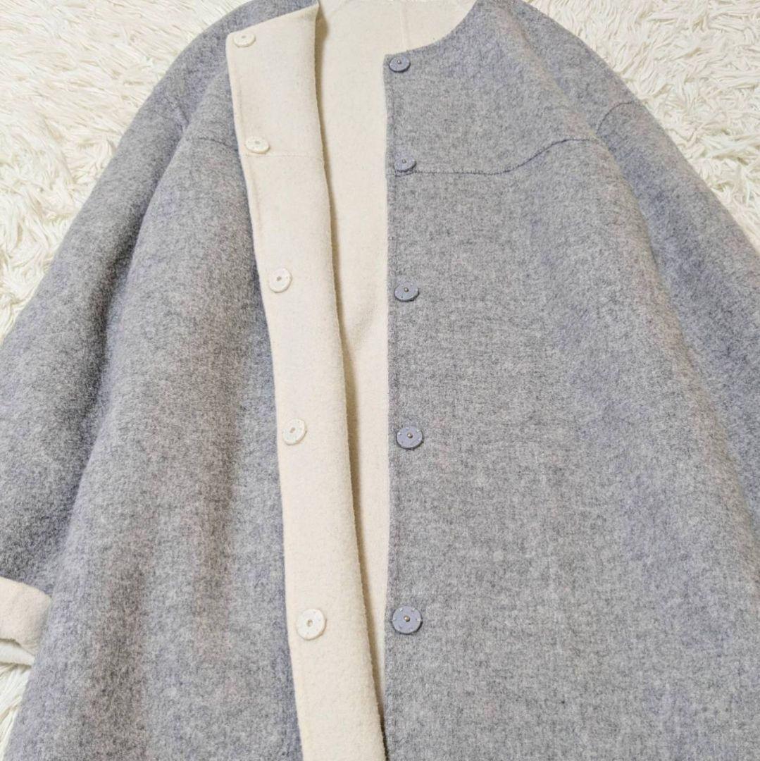 アルアバイル ノーカラーコート ロング リバーシブル グレー × ホワイト S