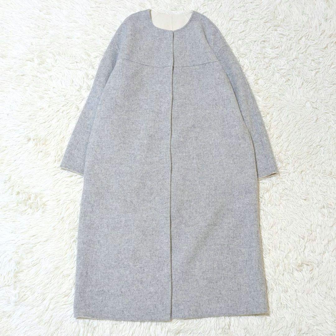 アルアバイル ノーカラーコート ロング リバーシブル グレー × ホワイト S