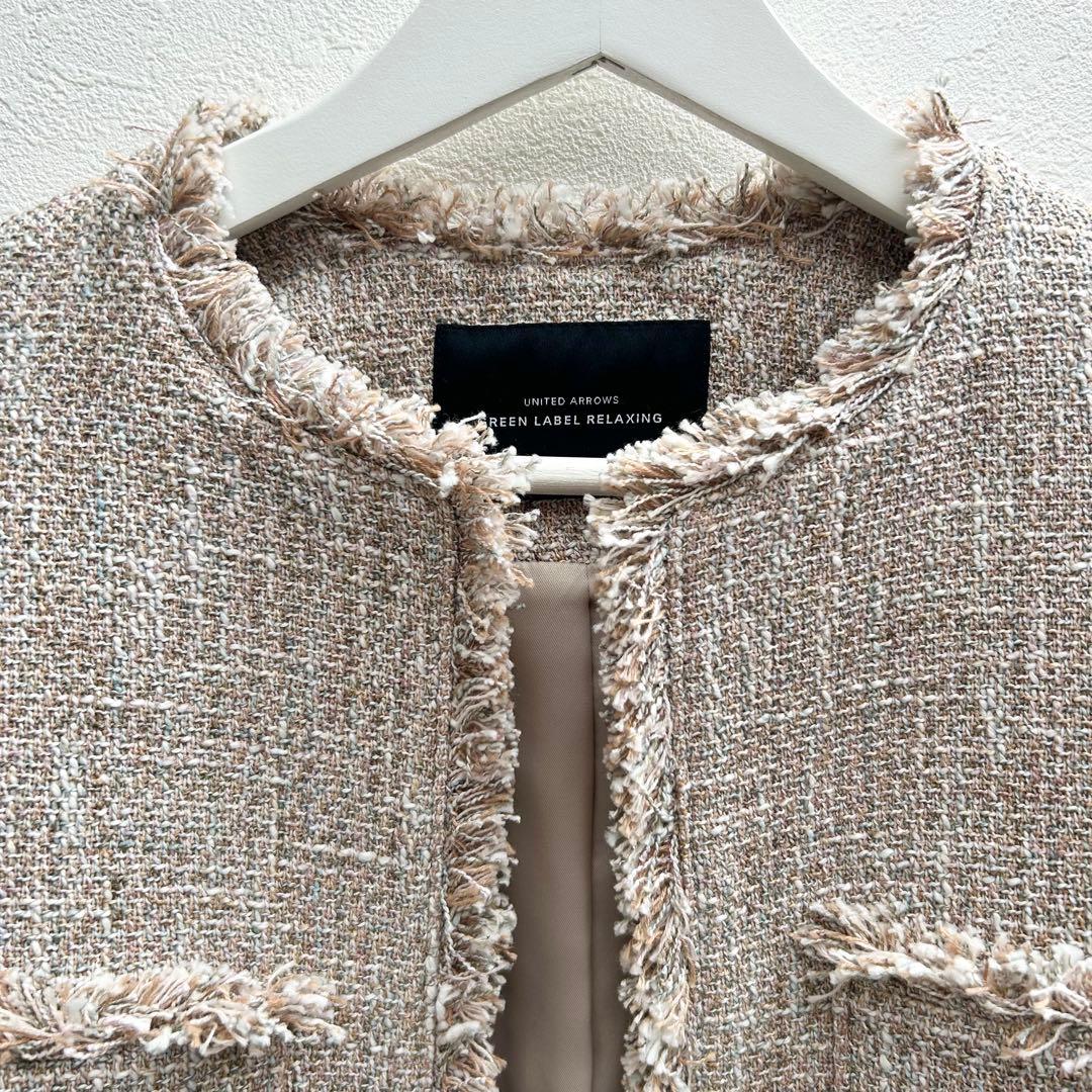 グリーンレーベル ミックスツイードライクポケットノーカラージャケット　SHORT