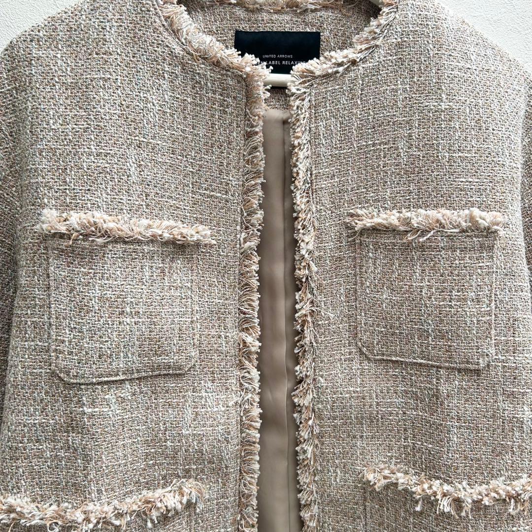 グリーンレーベル ミックスツイードライクポケットノーカラージャケット　SHORT