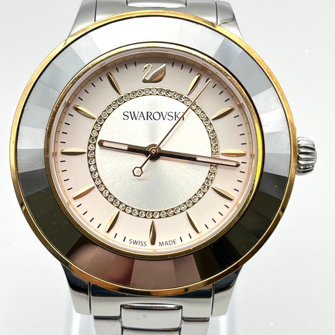 良品 スワロフスキー 時計 電池交換済 ダイヤ ロゴ金具 カットベゼル 3針