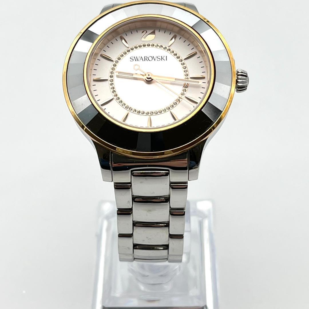 良品 スワロフスキー 時計 電池交換済 ダイヤ ロゴ金具 カットベゼル 3針