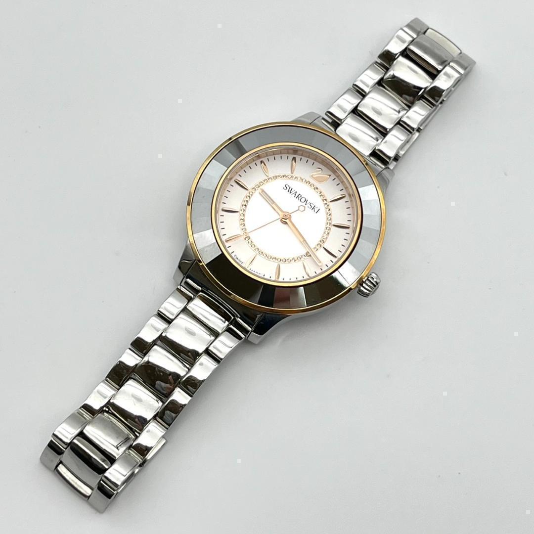 良品 スワロフスキー 時計 電池交換済 ダイヤ ロゴ金具 カットベゼル 3針