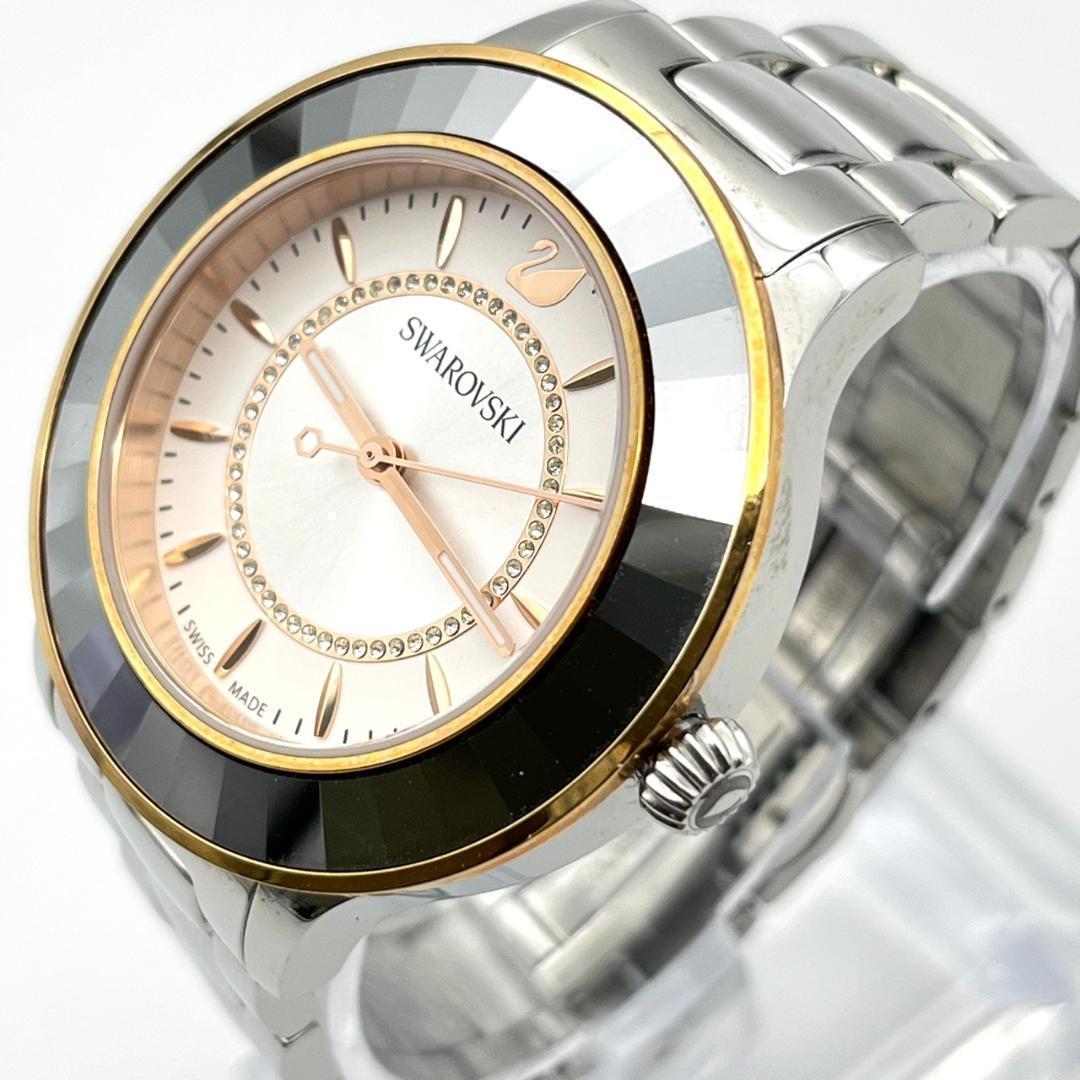 良品 スワロフスキー 時計 電池交換済 ダイヤ ロゴ金具 カットベゼル 3針