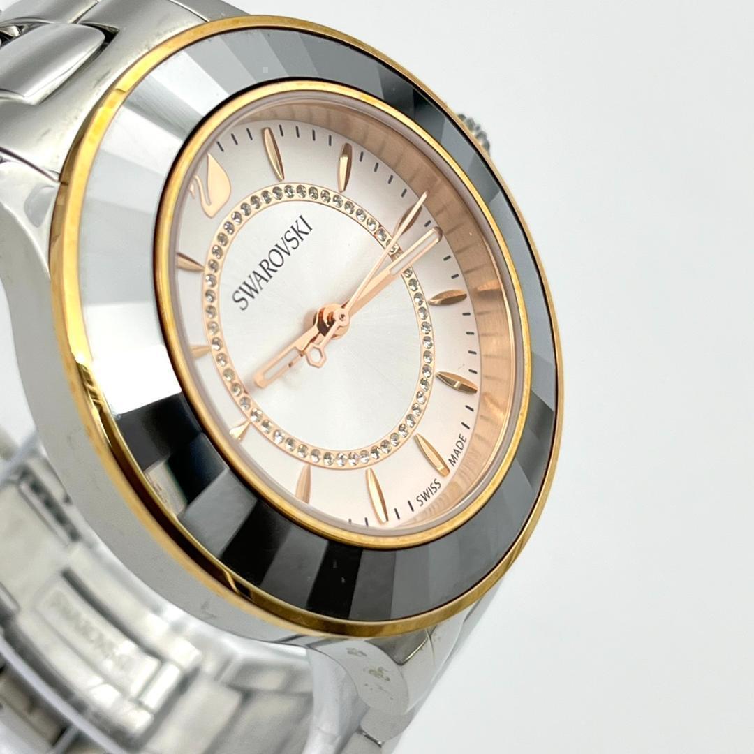 良品 スワロフスキー 時計 電池交換済 ダイヤ ロゴ金具 カットベゼル 3針