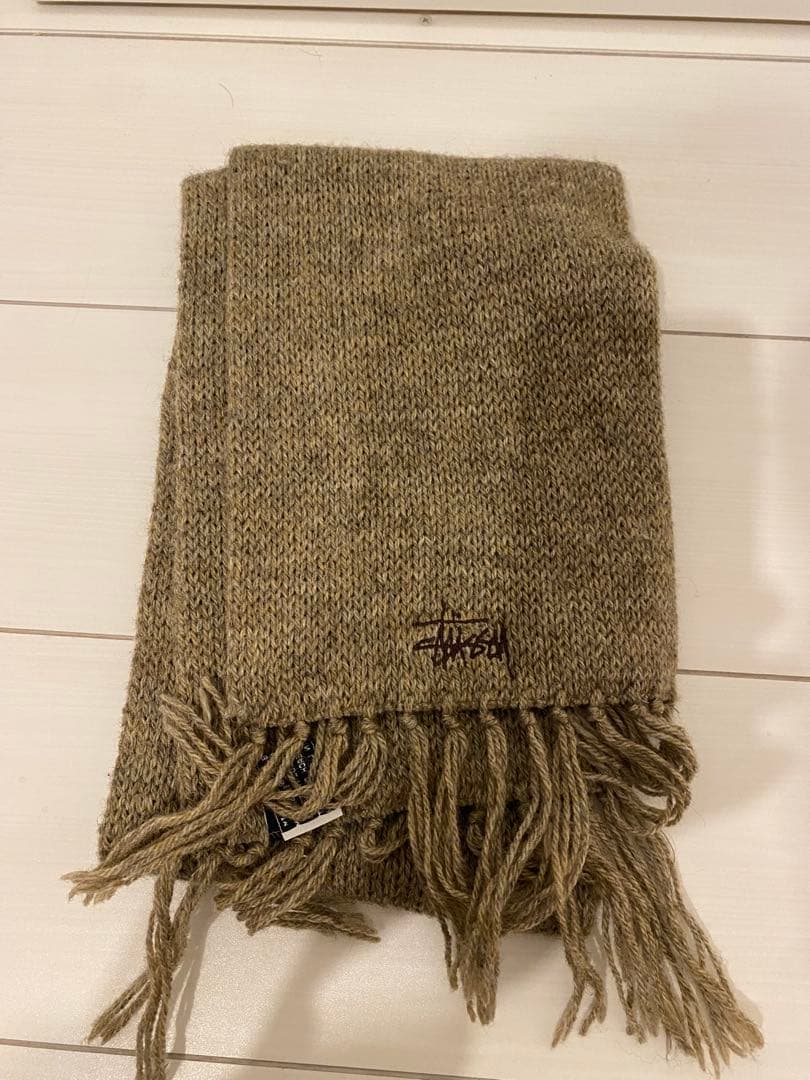 Stussy ウールマフラー ベージュ フリンジ付き　銀タグ