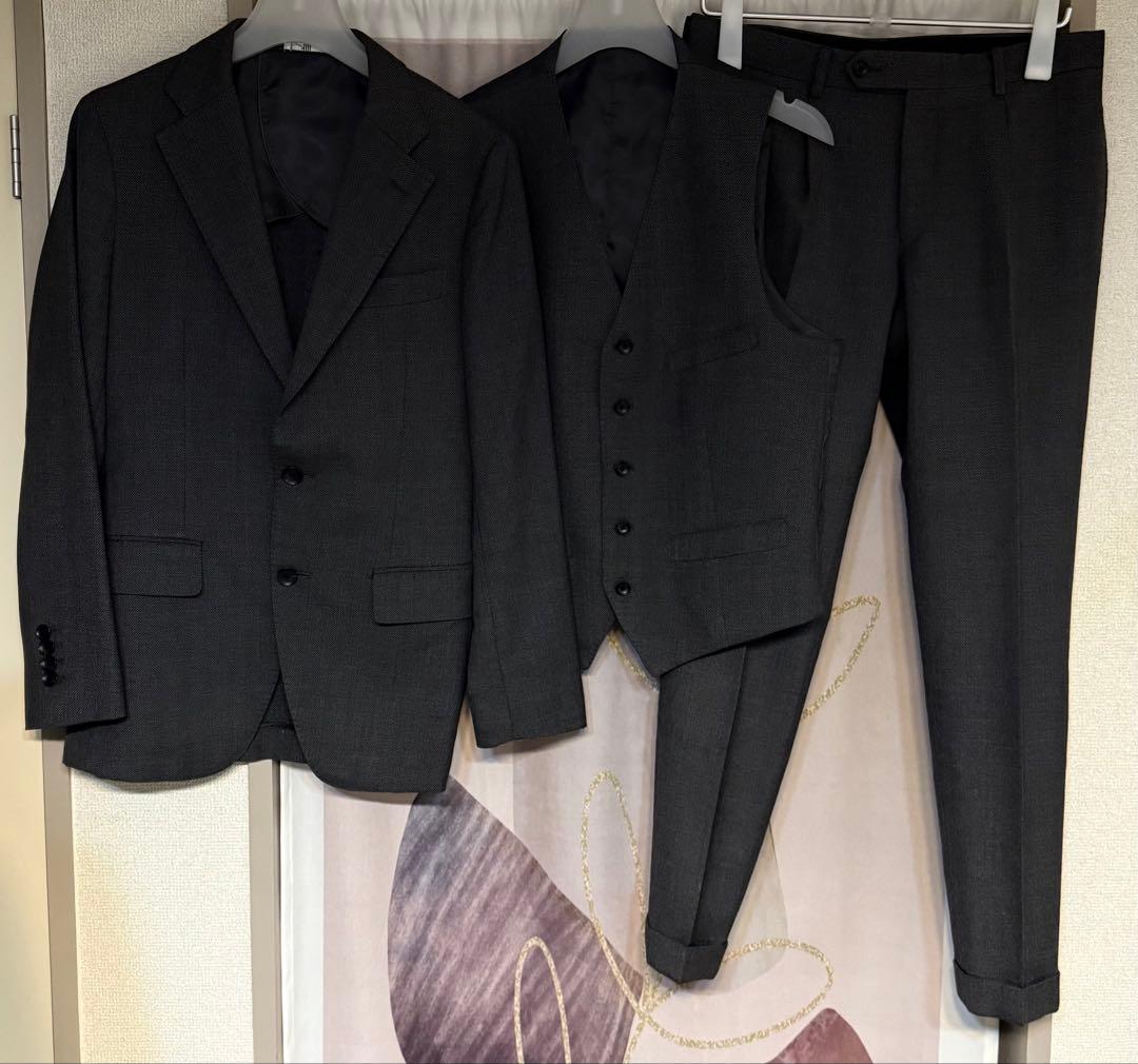 スーツセレクト 千鳥格子 ウール混 スリーピース セットアップ チャコールグレー